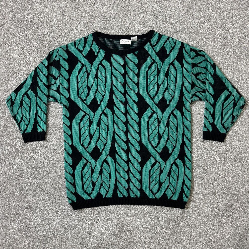 Vintage Genoa Sweater Womens Medium Black Green Acrylic Knit Crewneck 80s 90s